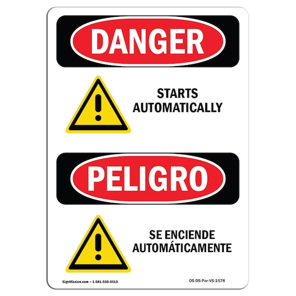 Safety Sign, OSHA Danger, 24" Height, Aluminum, Starts Automatically With Symbol Bilingual Spanish